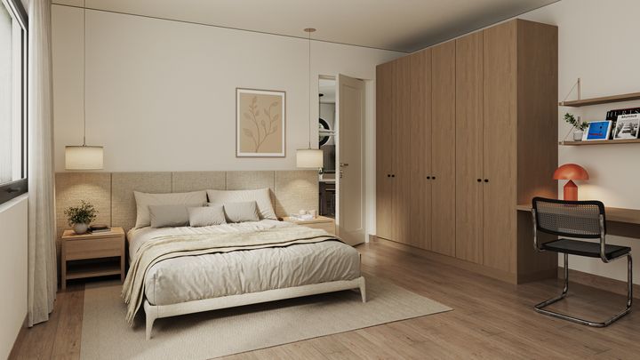 Render del dormitorio principal con clóset de madera y escritorio