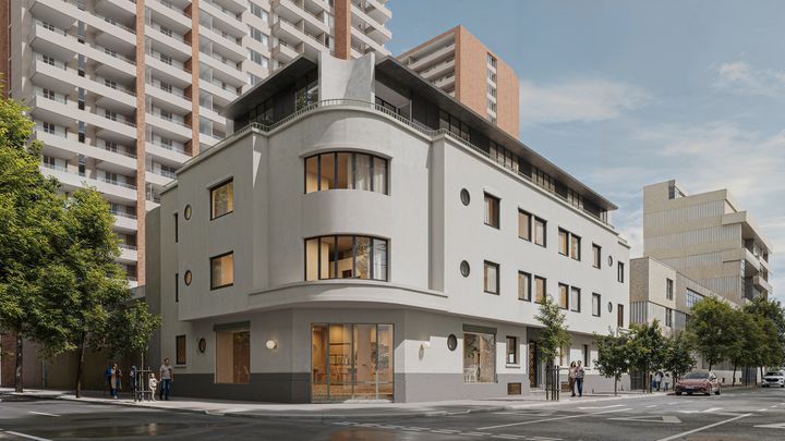 Render de la esquina de Cassá Lucía restaurada: fachada blanca curva con ventanales y ventanas redondas
