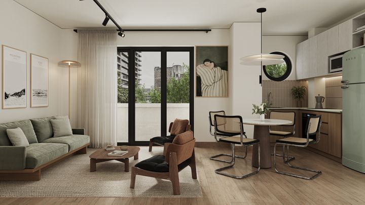 Render del living-comedor con cocina integrada y ventanal a la calle